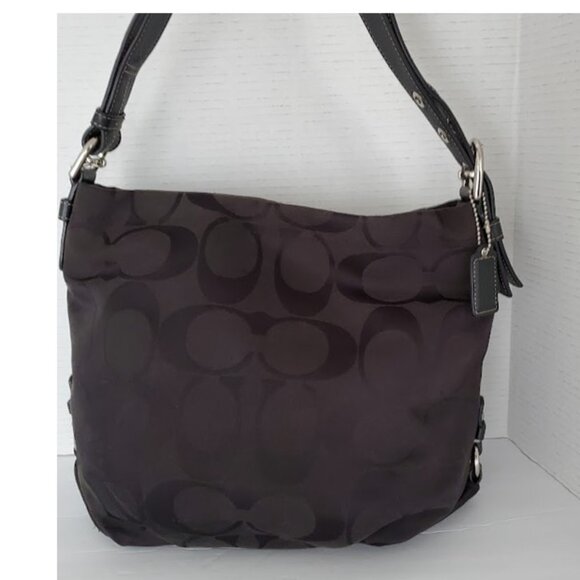 Coach Signature C Black-on-Black Nylon Hobo Shoulder Bag with Leather Trim Y2K - Picture 1 of 14